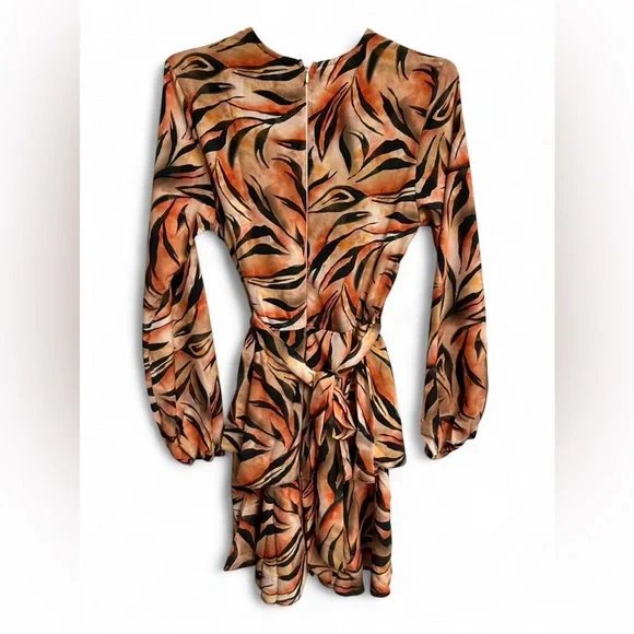 Zack London orange tiger print mini dress with tie waist and long sleeves. - Picture 4 of 6